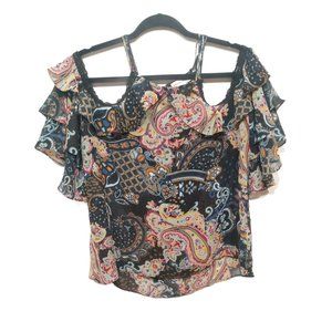 Sequin Hearts Ruffle Cold Shoulder Top Size Large